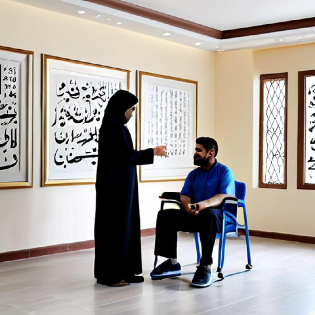 Rehabilitation Center Interior**
"The interior of a bright and modern rehabilitation center, showcasing a therapy session with a counselor and a fully clothed individual. Walls adorned with motivational Arabic calligraphy. Includes elements of hope and new beginnings. Clean, professional environment. safe for work, appropriate content, fully clothed, professional, modest, family-friendly, perfect anatomy, correct proportions, natural pose, well-formed hands, proper finger count, natural body proportions. High quality, realistic, photograph."
**