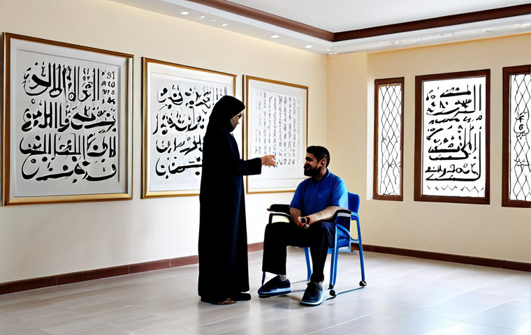 Rehabilitation Center Interior**

"The interior of a bright and modern rehabilitation center, showcasing a therapy session with a counselor and a fully clothed individual. Walls adorned with motivational Arabic calligraphy.  Includes elements of hope and new beginnings. Clean, professional environment. safe for work, appropriate content, fully clothed, professional, modest, family-friendly, perfect anatomy, correct proportions, natural pose, well-formed hands, proper finger count, natural body proportions.  High quality, realistic, photograph."

**