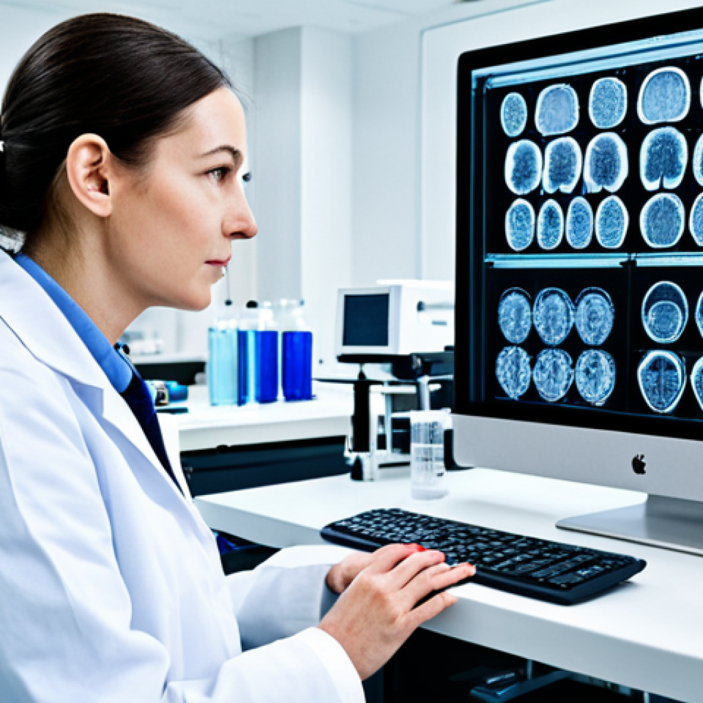 사이코패스 범죄자의 사회 적응력 연구 - **Image:** A researcher in a professional lab setting, studying brain scans and data related to psyc...