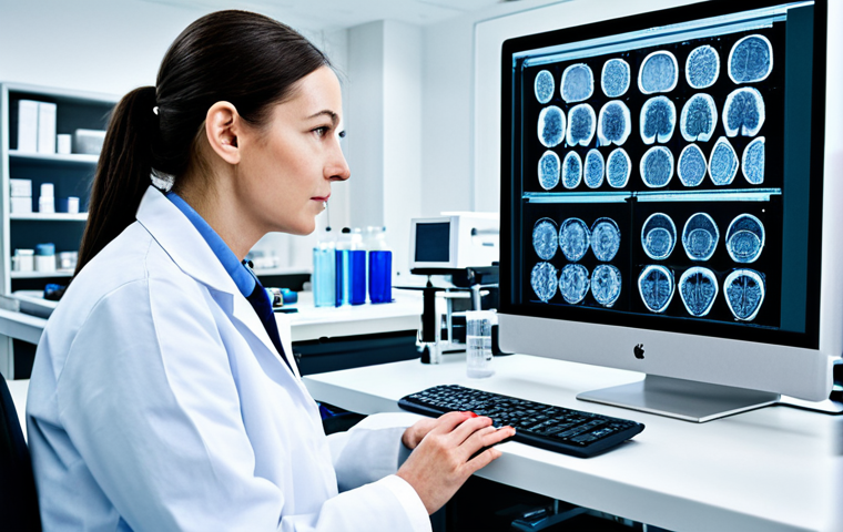 사이코패스 범죄자의 사회 적응력 연구 - **Image:** A researcher in a professional lab setting, studying brain scans and data related to psyc...