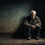 범죄자의 도피 생활 연구 - A solitary figure, fully clothed in unassuming, worn garments, sits hunched in a sparsely furnished,...