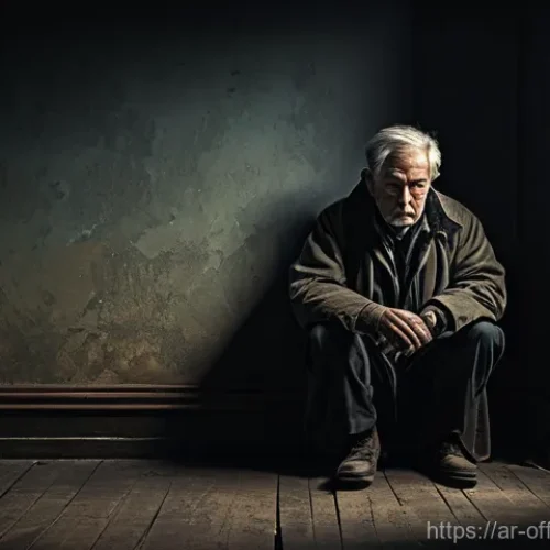 Home 16 범죄자의 도피 생활 연구 - A solitary figure, fully clothed in unassuming, worn garments, sits hunched in a sparsely furnished,...