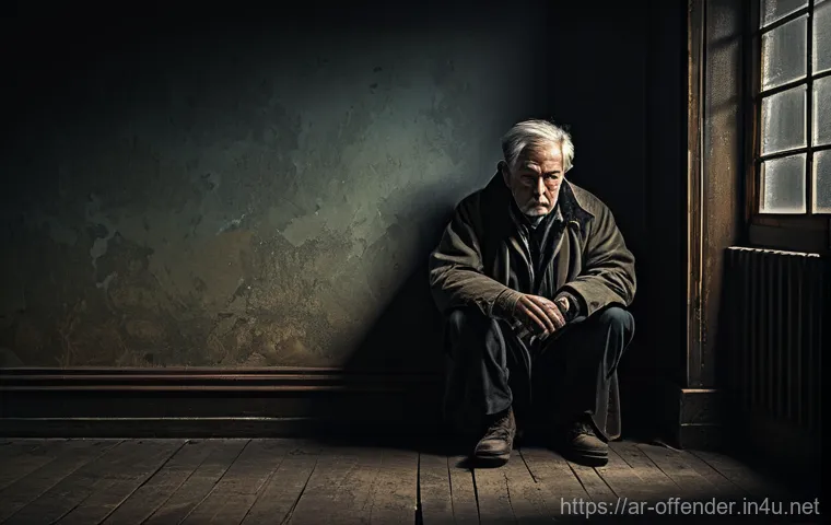 범죄자의 도피 생활 연구 - A solitary figure, fully clothed in unassuming, worn garments, sits hunched in a sparsely furnished,...