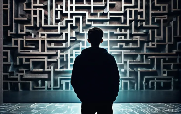 유명 사건의 범죄 가해자 분석 - **"A solitary young person, perhaps 16-18 years old, stands amidst a complex, dimly lit psychologica...